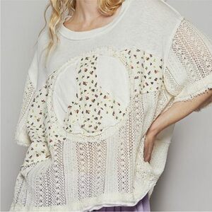 NWOT POL Ivory Crochet Tee with Floral Accents